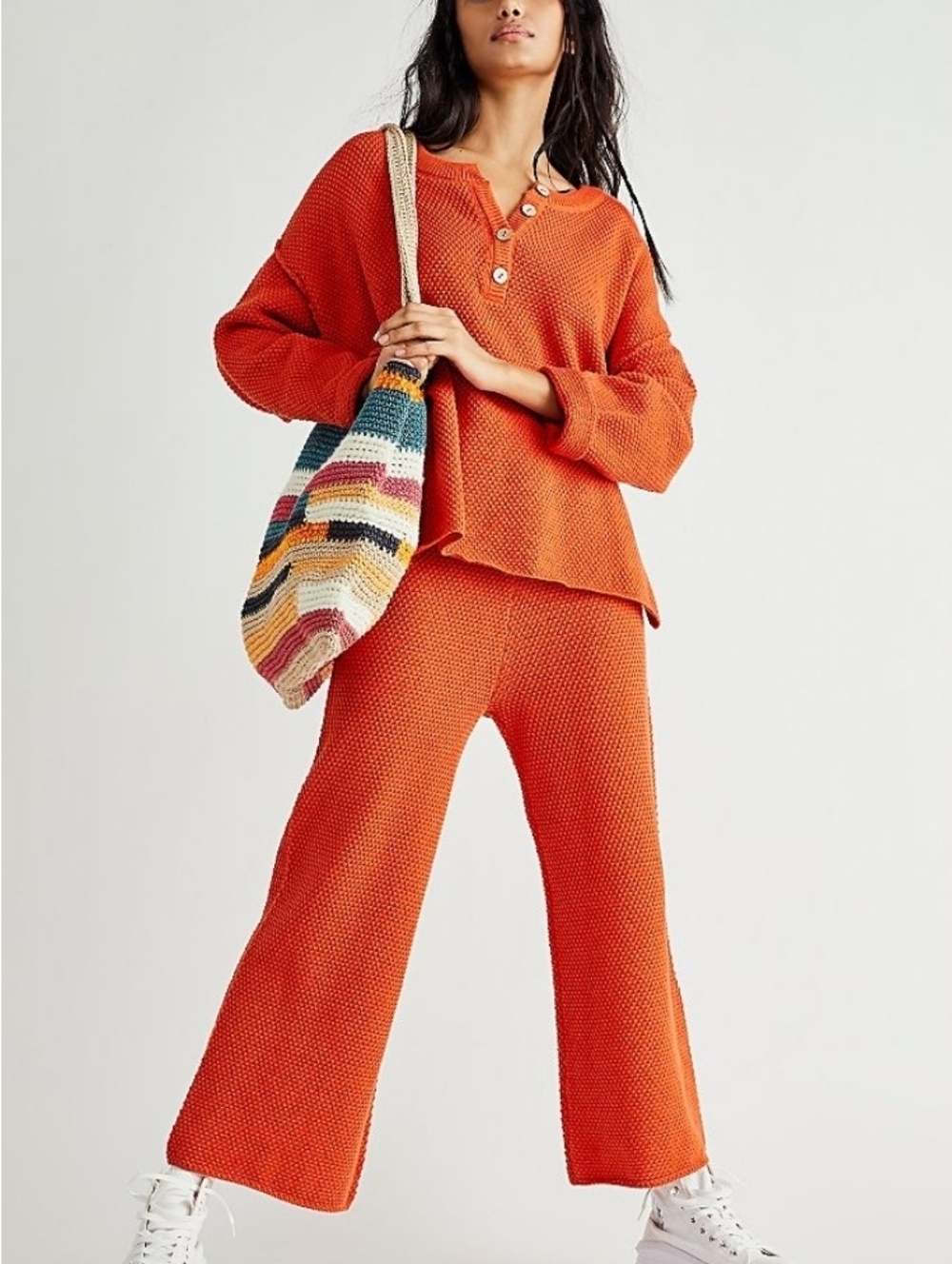 Free People Beach Hailee Waffle Knit Set Womens S Burnt Orange Wide Leg Henley - Picture 9 of 16